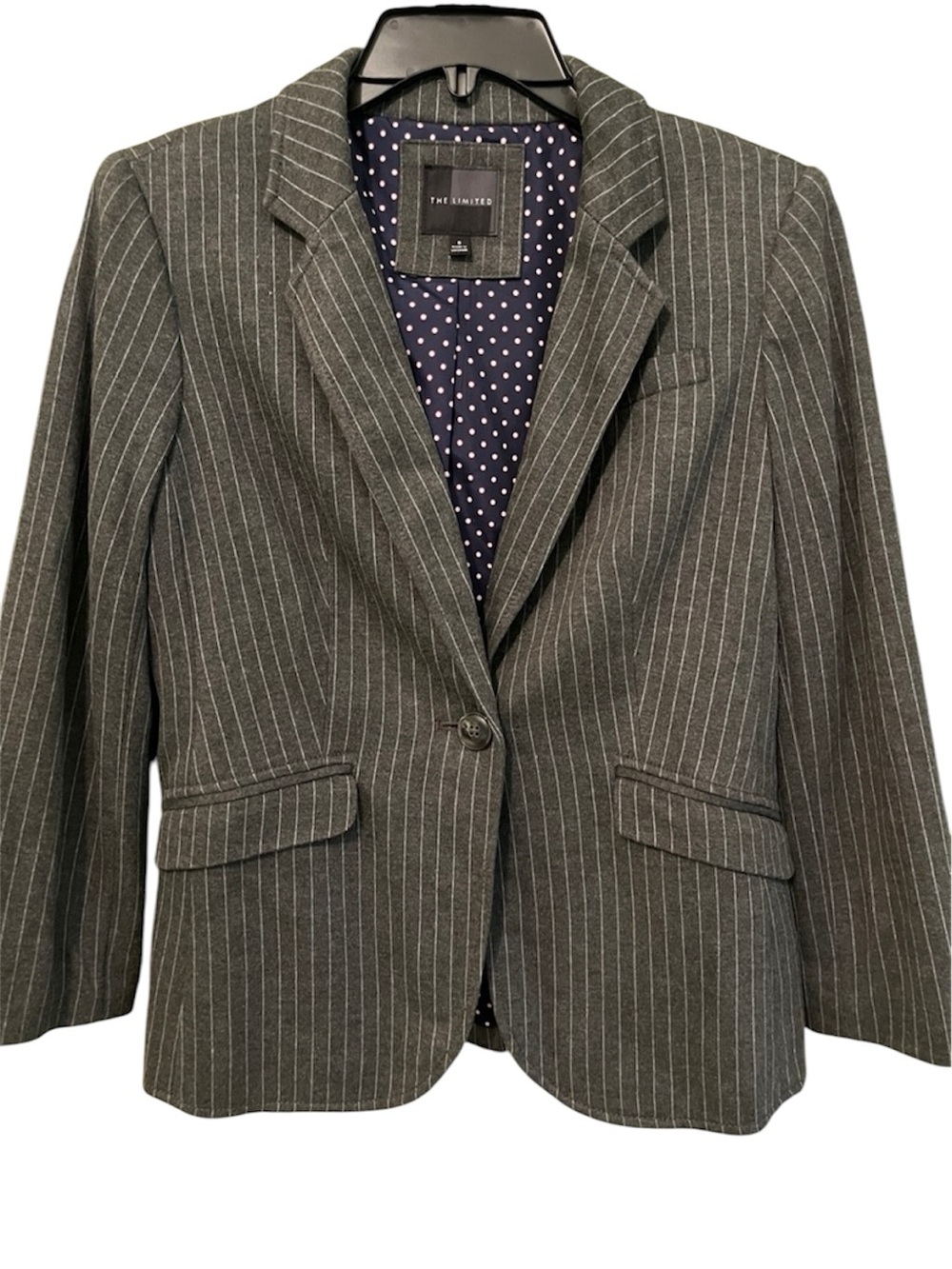 The Limited pinstripe blazer with a single button and blue polka dot lining